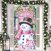 Pink Snowman Christmas Door Cover - Xmas Front Door Banner Decorations for Indoor Outdoor Winter Holiday Party Decor