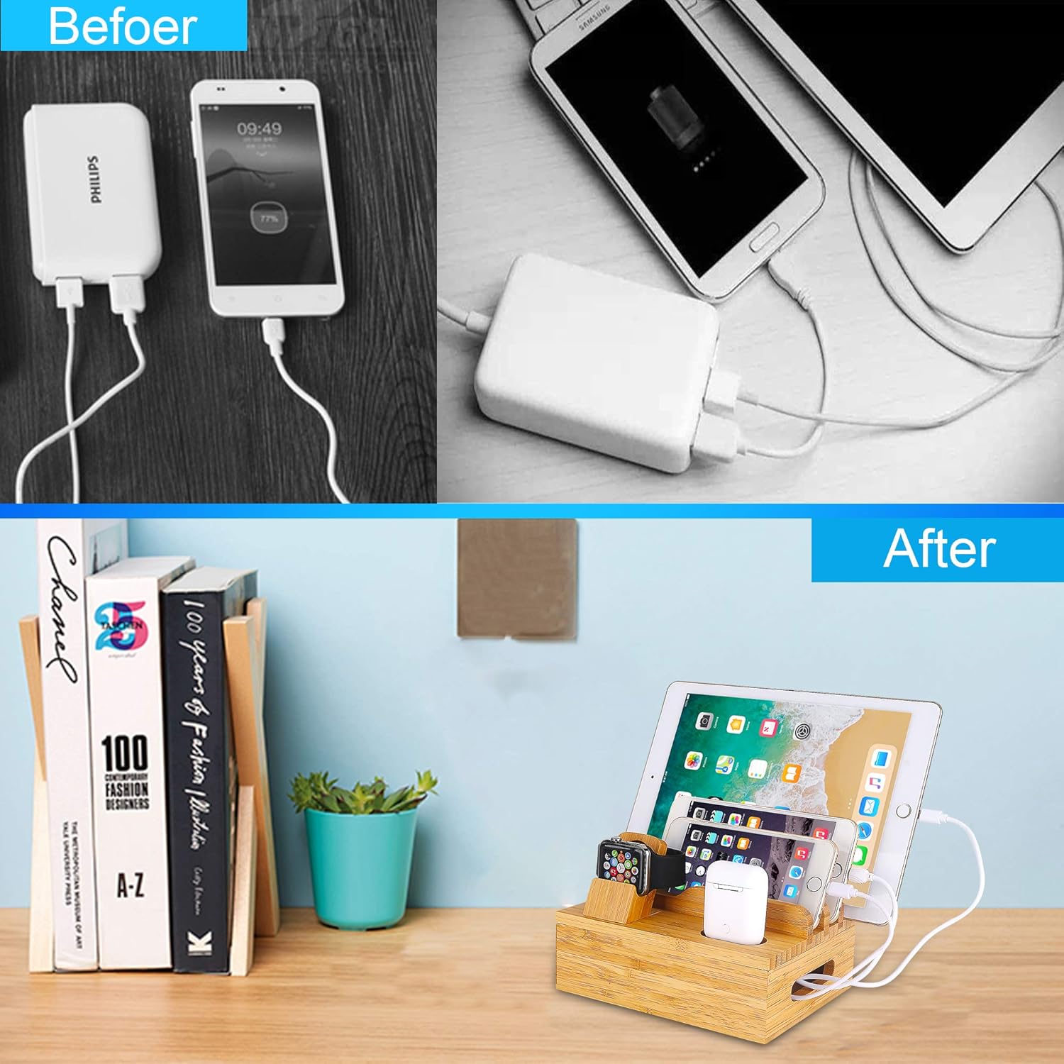 Bamboo Wood Cell Phone Charging Stand Compatible iPhone 12 11 Pro Max XS XR X 8 7 6 6S Plus iPad 3 4 Mini Air Pro Apple Watch 2 3 4 iWatch 38 42mm AirPods Samsung Smartphones - Image 5