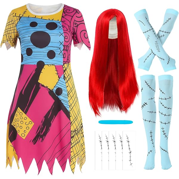 Disfraz De Sally Para Niña - Conjunto Completo Con Vestido, Peluca Roja, Calentadores, Pantalones Y Bolso, Para Halloween Y Fiestas