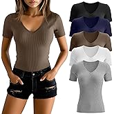 Huukeay 5 Pack Women's Cotton V Neck T-Shirts Multipack Short Sleeve Slim Casual Ribbed Tops Basic Summer Tee