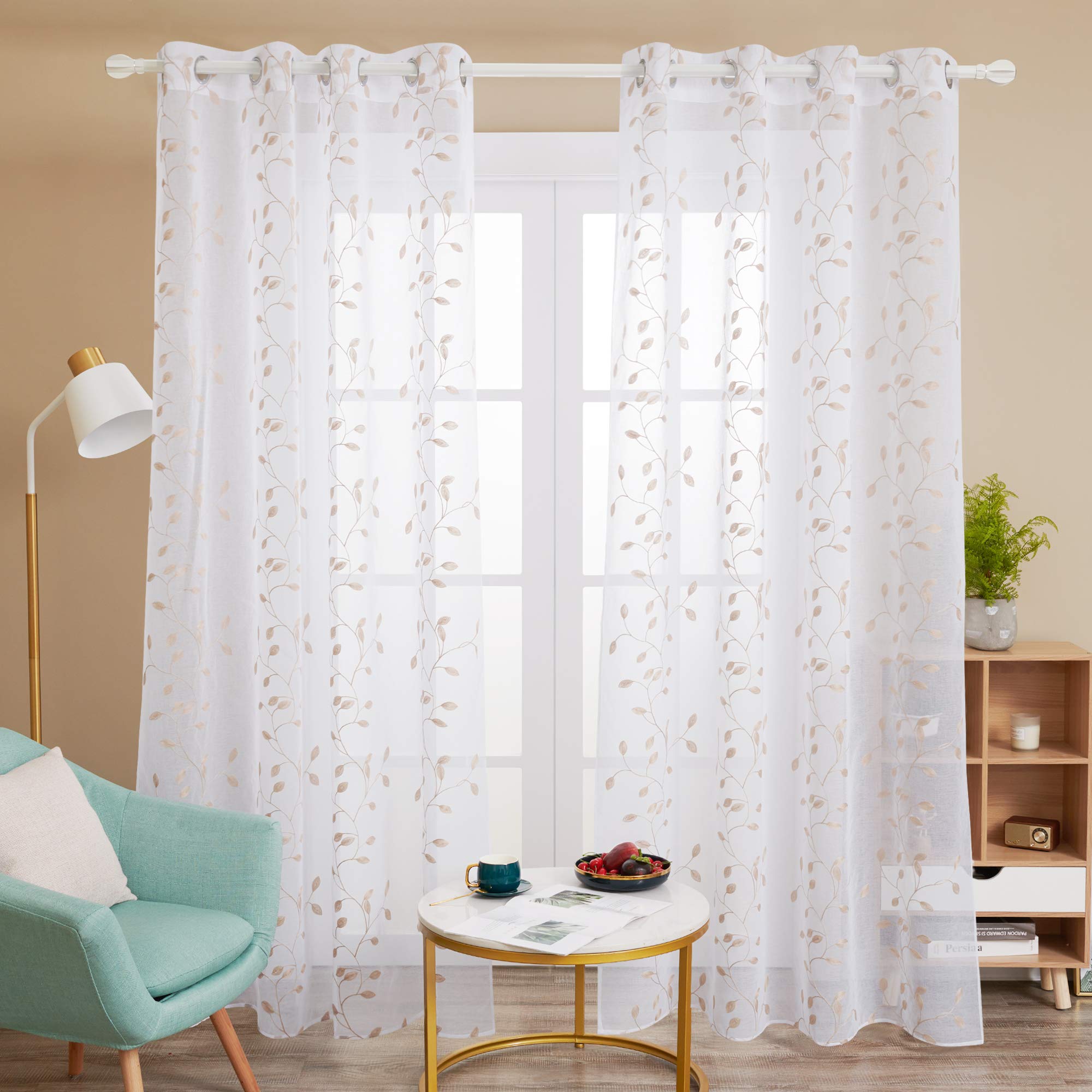 Deconovo Set of 2 Sheer Linen Look Voile Curtains with Embroidery Sheet 90 x 55 Inch (H x W)