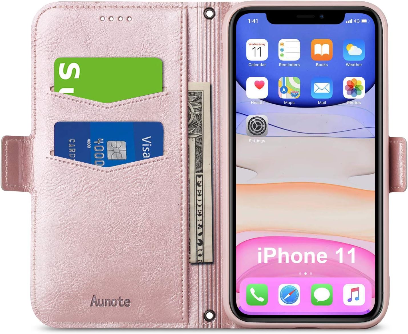 Aunote iPhone 11 Case Wallet, iPhone 11 Flip Case with Card Holder, Magnetic Clip, Kickstand, Soft TPU+ PU Leather Folio Phone Cover Full Protection, Ultra Slim Case for iPhone 11 6.1 Inch. Rose Gold
