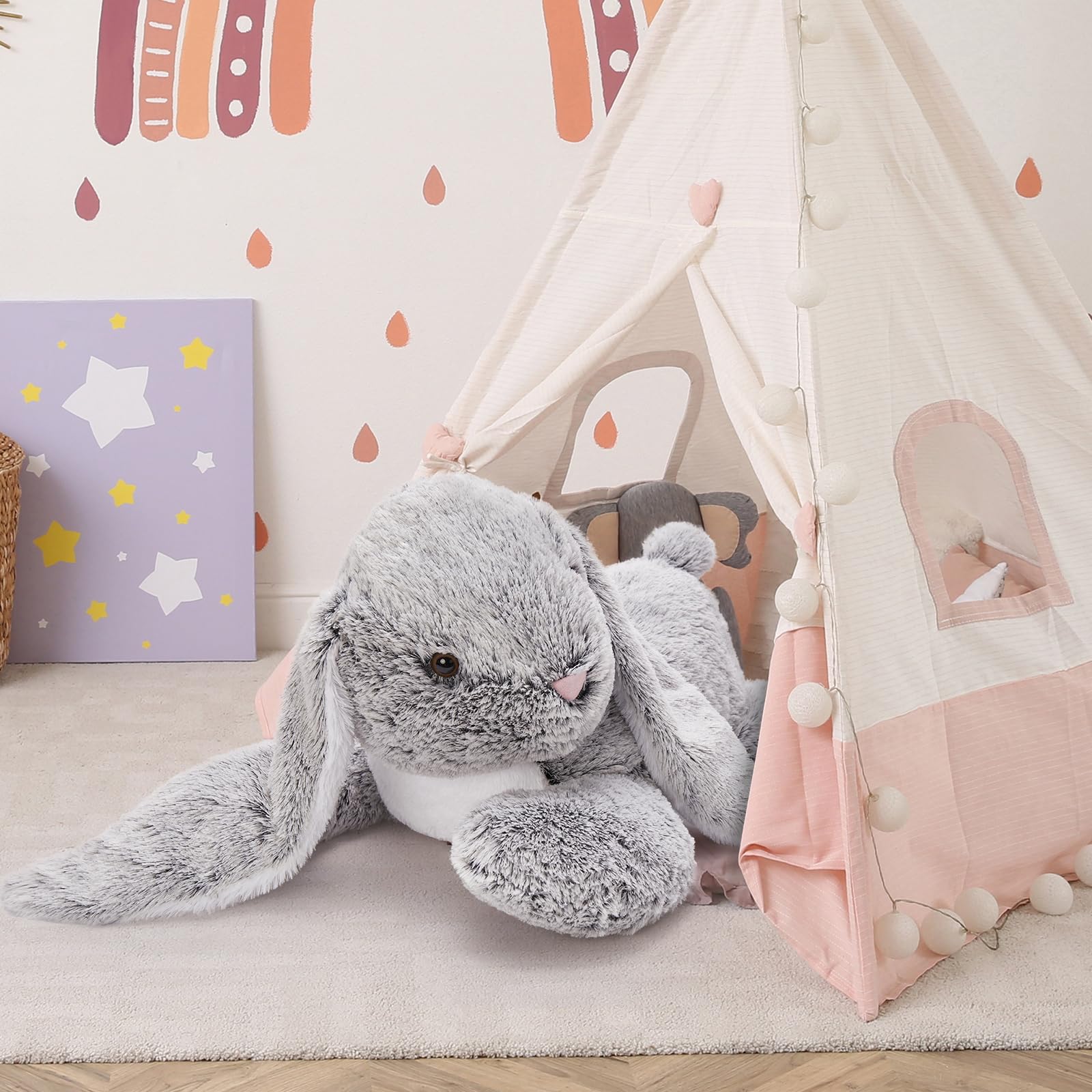 MorisMos 80cm lang riesen Hase Kuscheltier XXL, groß grau Osternhase Stofftier Plüschtier Hase, weich Kaninchen Plüschhase Puppe, kuschelhase Geburtstag Weihnachten Geschenk Kinder Baby Osterndeko 5