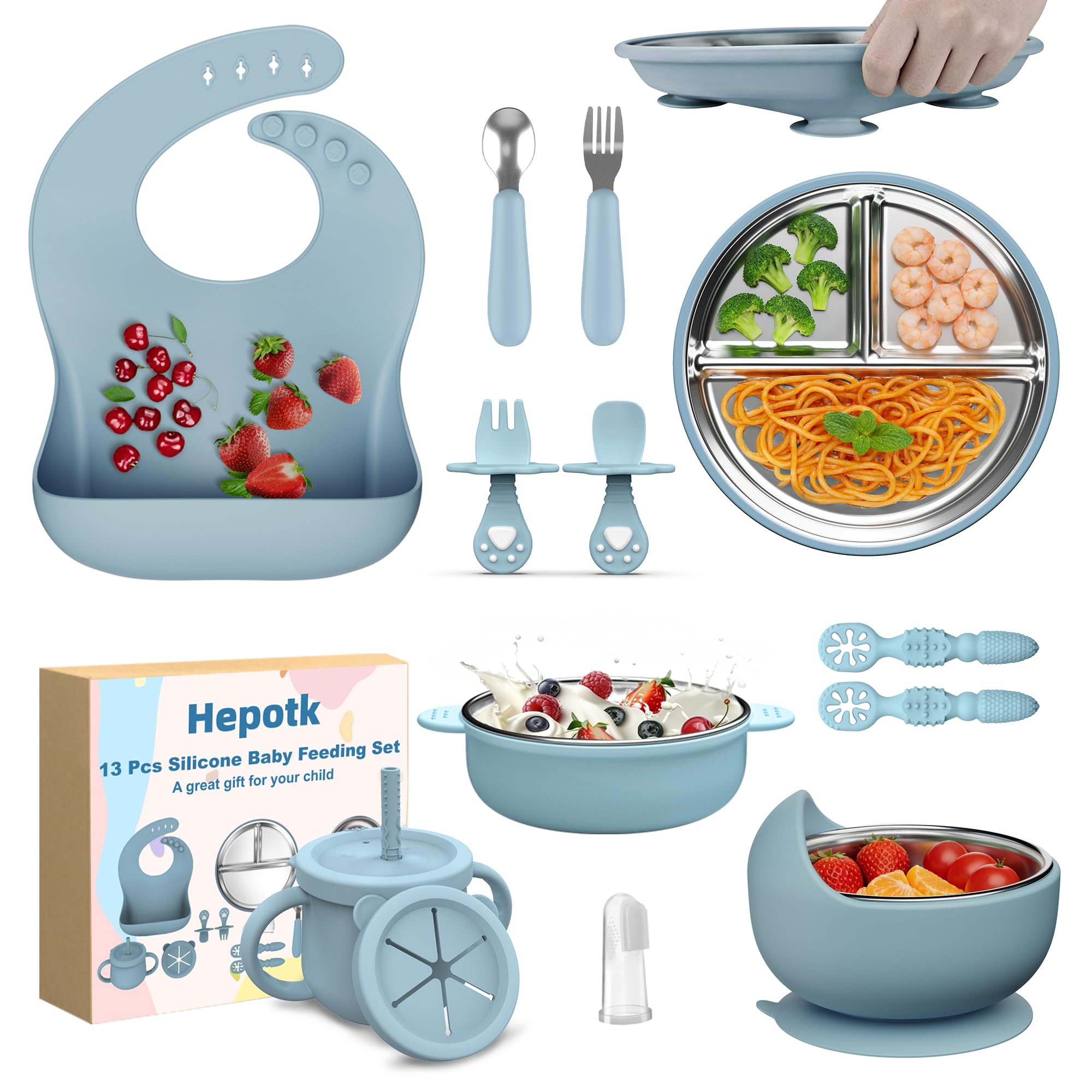 Photo 1 of 13 Pack Silicone Baby Feeding Set, BPA-Free Stainless Steel Toddler Feeding Supplies, Include Suction Plates, Baby Bowls, Silicone Fork & Spoon, and More, First Stage Baby Dish Set - 6+ Months