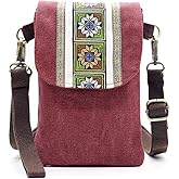 SILKAREA Vintage Embroidered Canvas Flip Small Crossbody Bag Cell Phone Pouch for Women Wristlet Wallet Bag Coin Purse