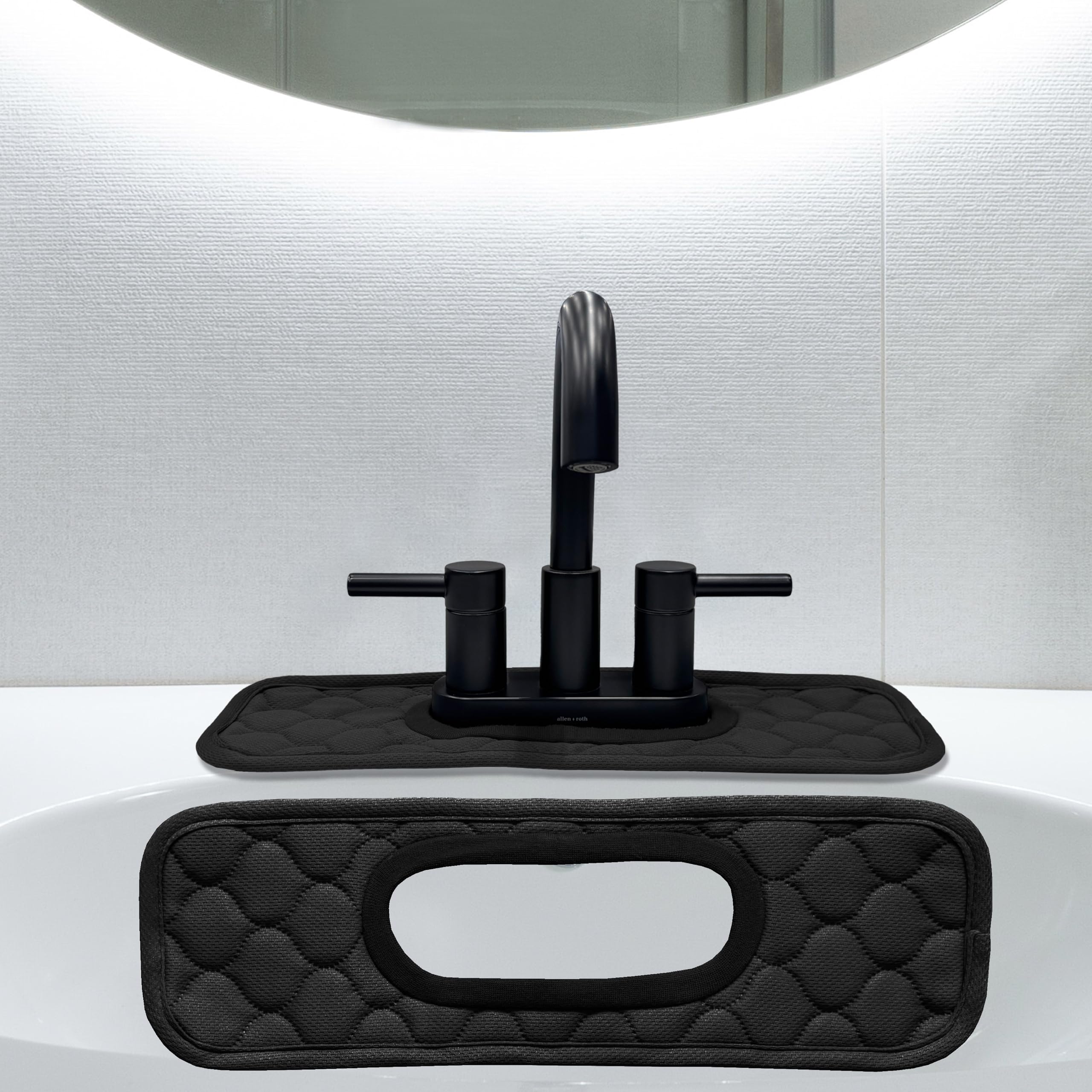 Photo 1 of Bathroom Sink Splash Guard Oval-Hole Rectangle-Hole: AHA HOMEWARE, Faucet Mat for Bathroom Sink Oval Base , Bathroom Sink Water Splash Guard Centerset Rectangle Base (Black)