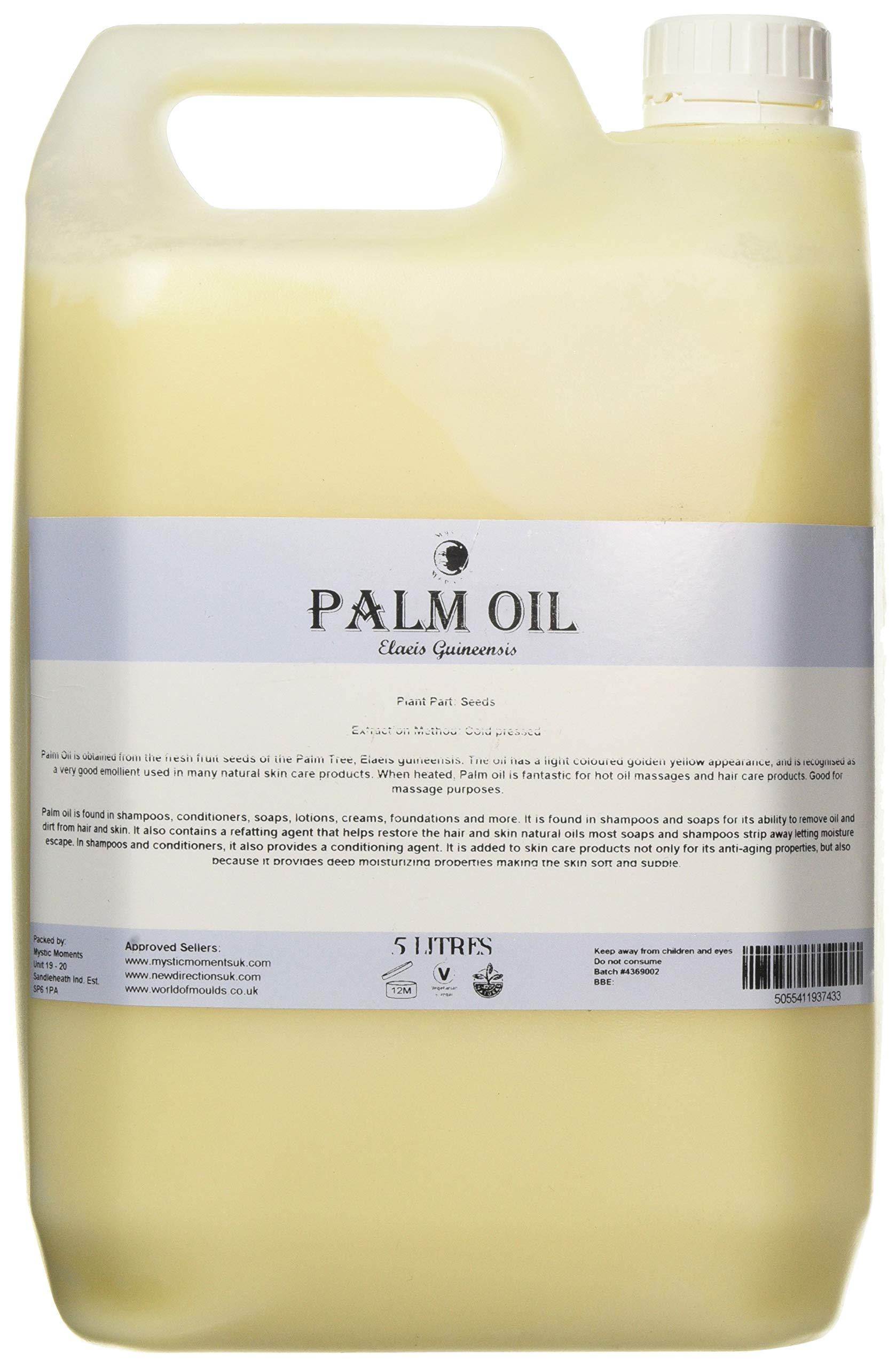 Mystic Moments| Palm Carrier Oil 5 Litres | Elaeis Guineensis | Moisturising Skin & Hair Care Treatment | Ideal for Soap Making, Massage & Cosmetic Formulations | Rich Conditioning Carrier