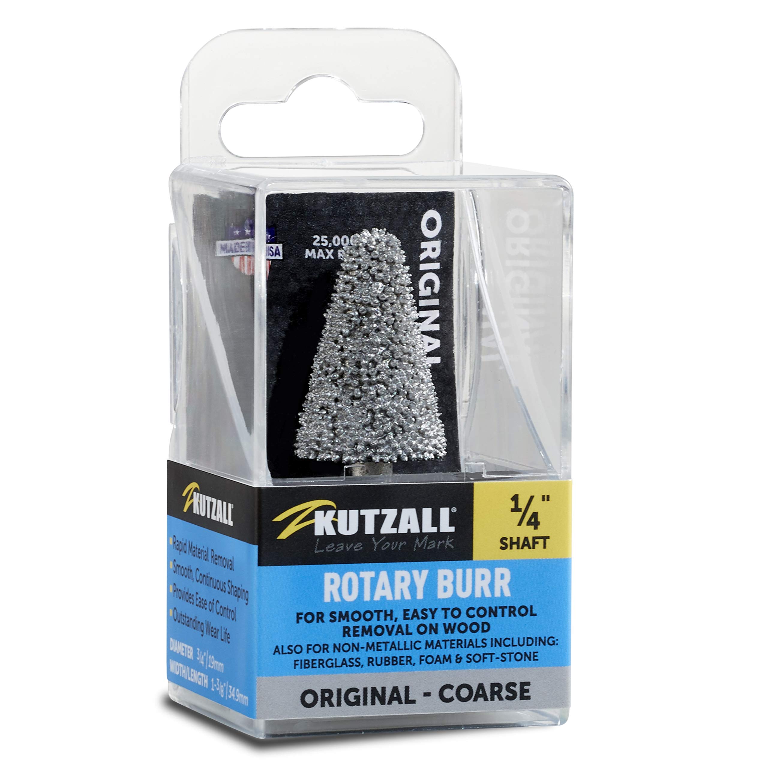 Kutzall Original Taper Burr, 1⁄4" Shaft, Coarse - Woodworking Attachment for Bosch, DeWalt, Milwaukee, Makita. Abrasive Tungsten Carbide, 3⁄4" (19mm) Head Dia. X 1-1⁄4" (31.8mm) Length, T-34
