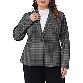 Agnes Orinda Plus Size Blazers for Women Business Casual Plaid Notched Lapel Long Sleeve Button Jacket with Pockets