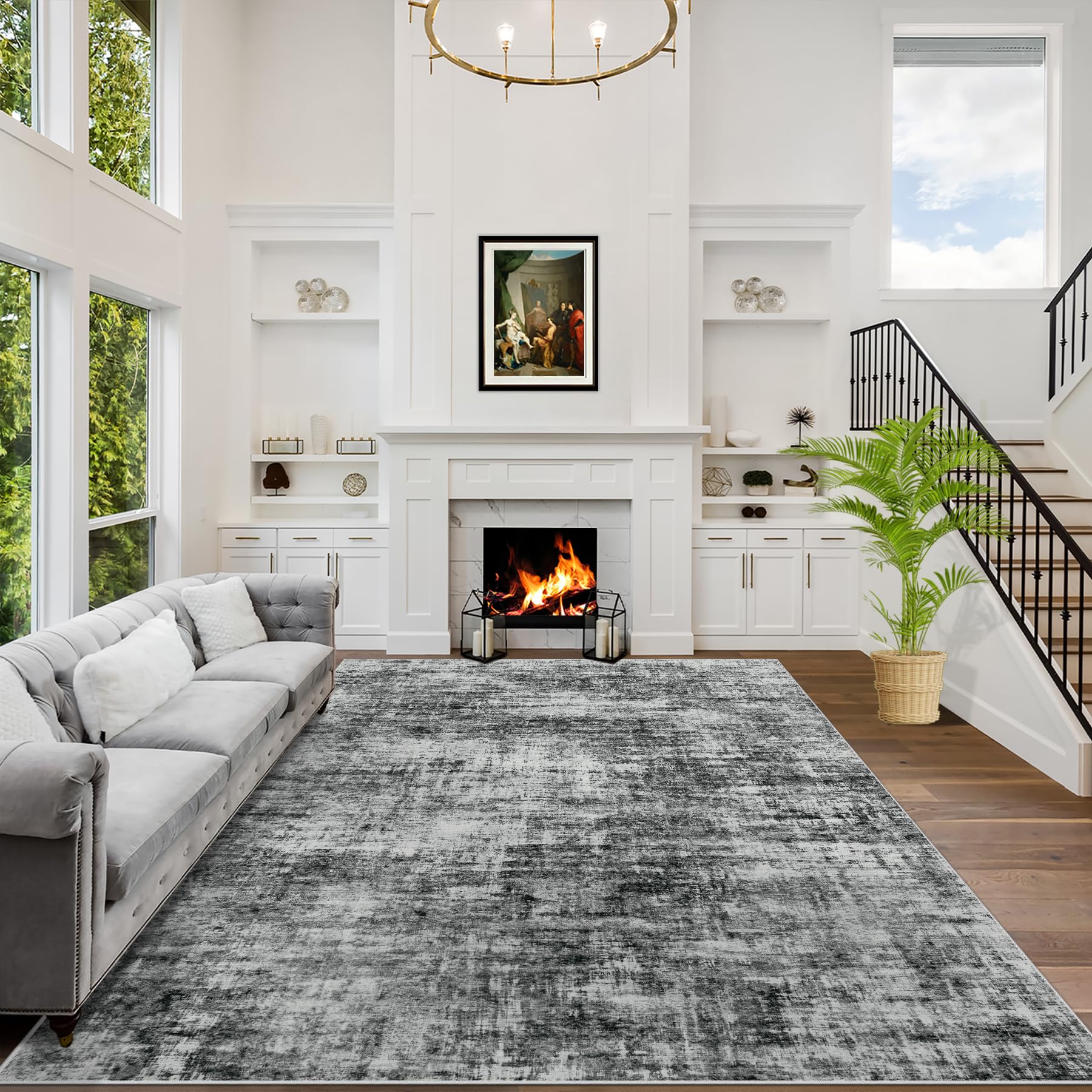 Photo 1 of 10x14 Area Rugs Washable Rug: Modern Abstract Living Room Rug Soft Anti-Skid Thin Carpet Indoor Floor Non-Shedding Carpets for Bedroom Dining Room Farmhouse Nursery Home Office Black