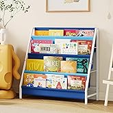 Aokitsink Kid Bookshelf for Kids Rooms, 4-Tier Blue Montessori Bookshelf,Toddler Children Bookshelf,Metal Kid's Book Storage Organizer for Boys Room Furniture Playroom Kindergarten
