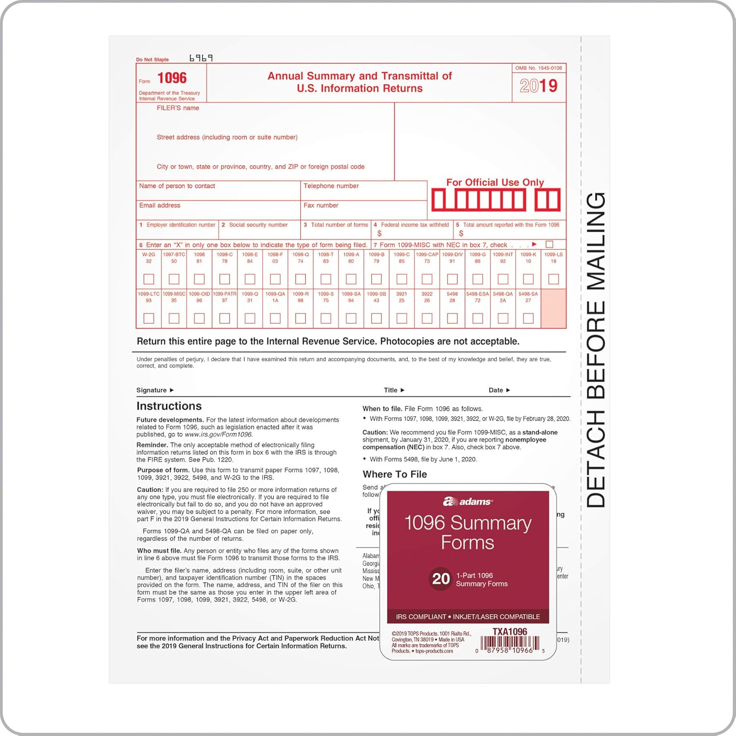 Adams 1096 Forms 2019, Transmittal Forms, 1 Part Inkjet/Laser Forms, 20 per Pack (TXA1096) : Office Products