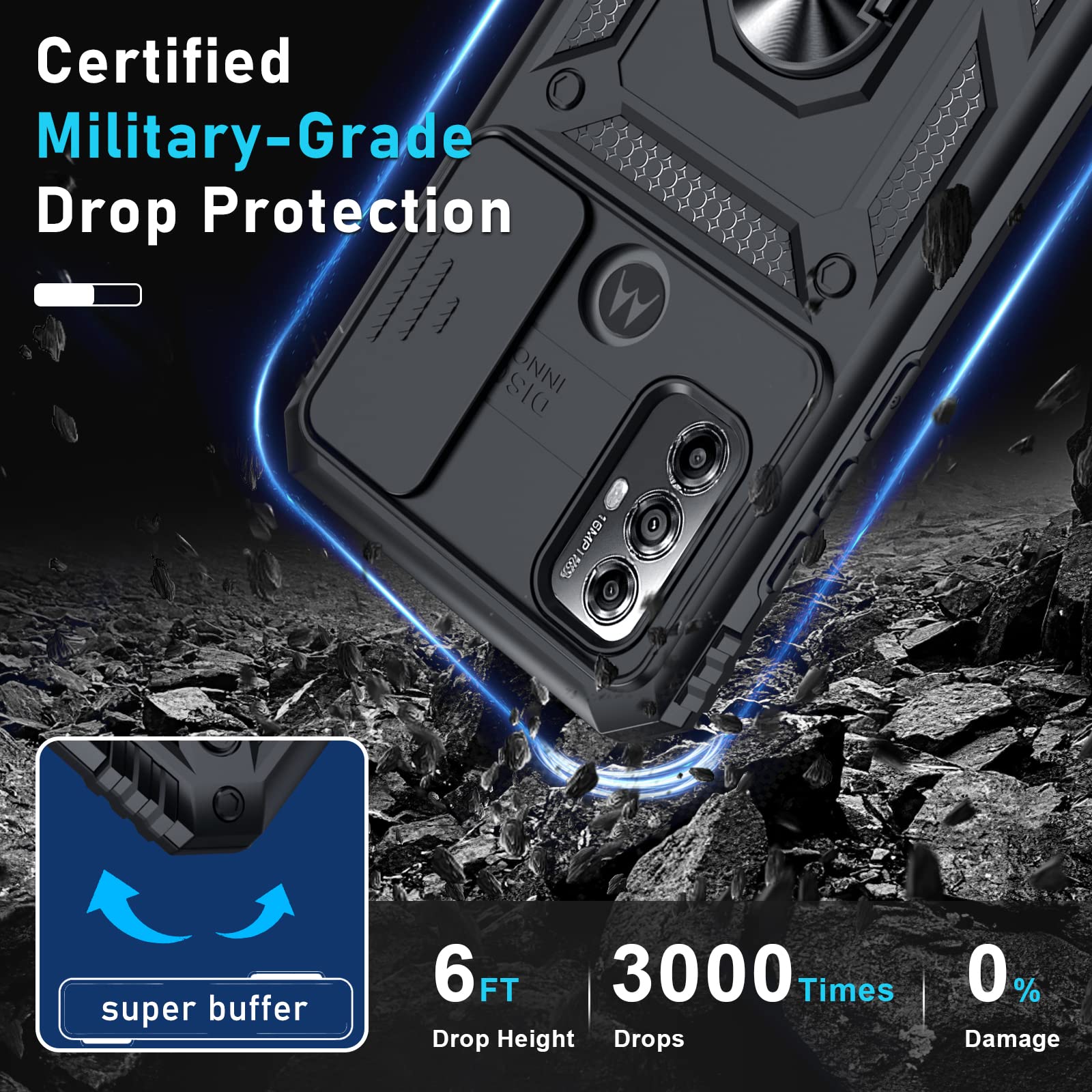 Janmitta Compatible with Moto G Play 2023,G Power 2022/G Pure Case Built in Slide Camera Lens Cover+Screen Protector+Ring Holder,Heavy Duty Shockproof Full Body Phone Cover,Black