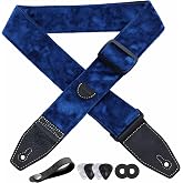 YIKOKO Guitar Strap 2 inch Velvet Guitar Straps with Full Grain Leather End, for Bass Electric and Acoustic Guitars, Free Strap Button, 2 Strap Locks and 4 Guitar Picks
