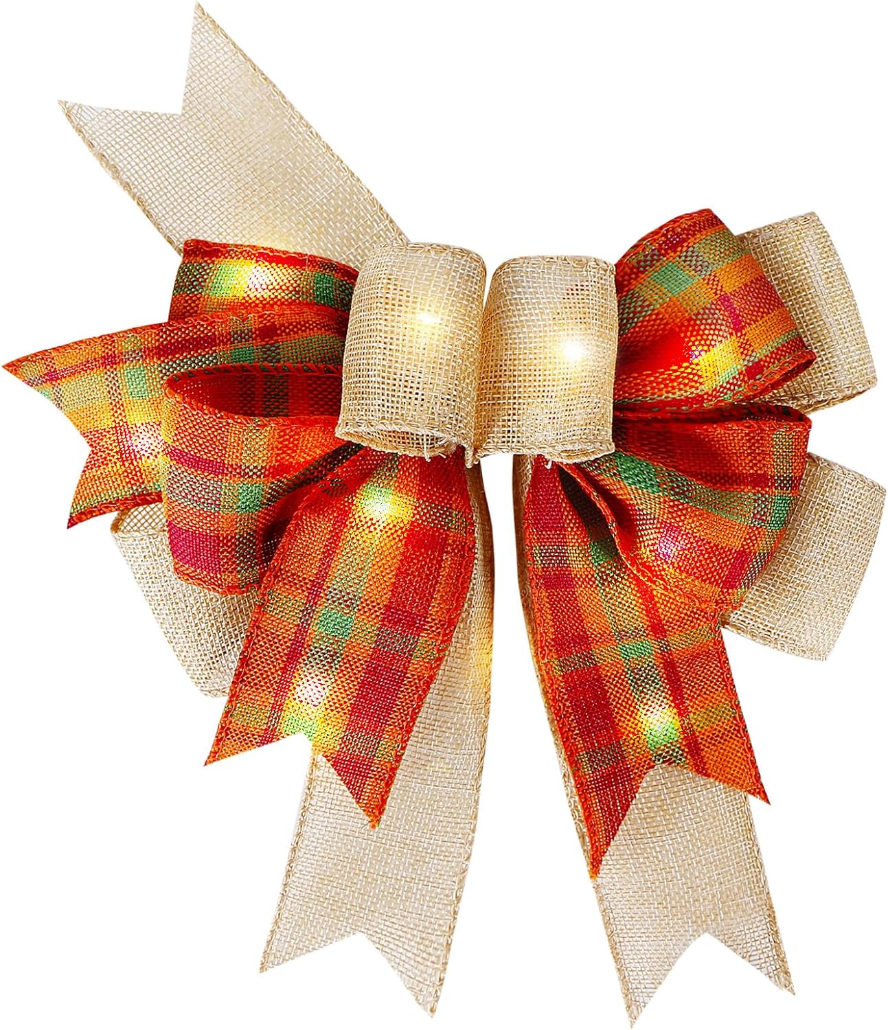 Bows & Ribbons - LED Fall Bows for Wreaths Orange Buffalo Plaid Burlap Bow with LED Lights for Thanksgiving Tree Topper (9.5 x 13 inch)