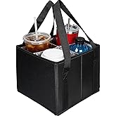 ComfortKeeper Reusable Drink Carrier with Adjustable Dividers, 4 Cups | Insulated Drink Holder Bag with with Handle, 600D Oxford Fabric Cup Carrier Caddy for Delivery Car Coffee &amp; Beverages, Black
