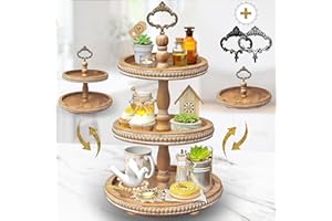 [3-in-1] Wooden Tiered Tray Stand - Beaded 3 Tiered Tray Decor Wood Cupcake Stand for Farmhouse Country Rustic Home - 3 Tier Stand [with 3 Changeable Handles] by Felt Creative Home Goods (Brown)