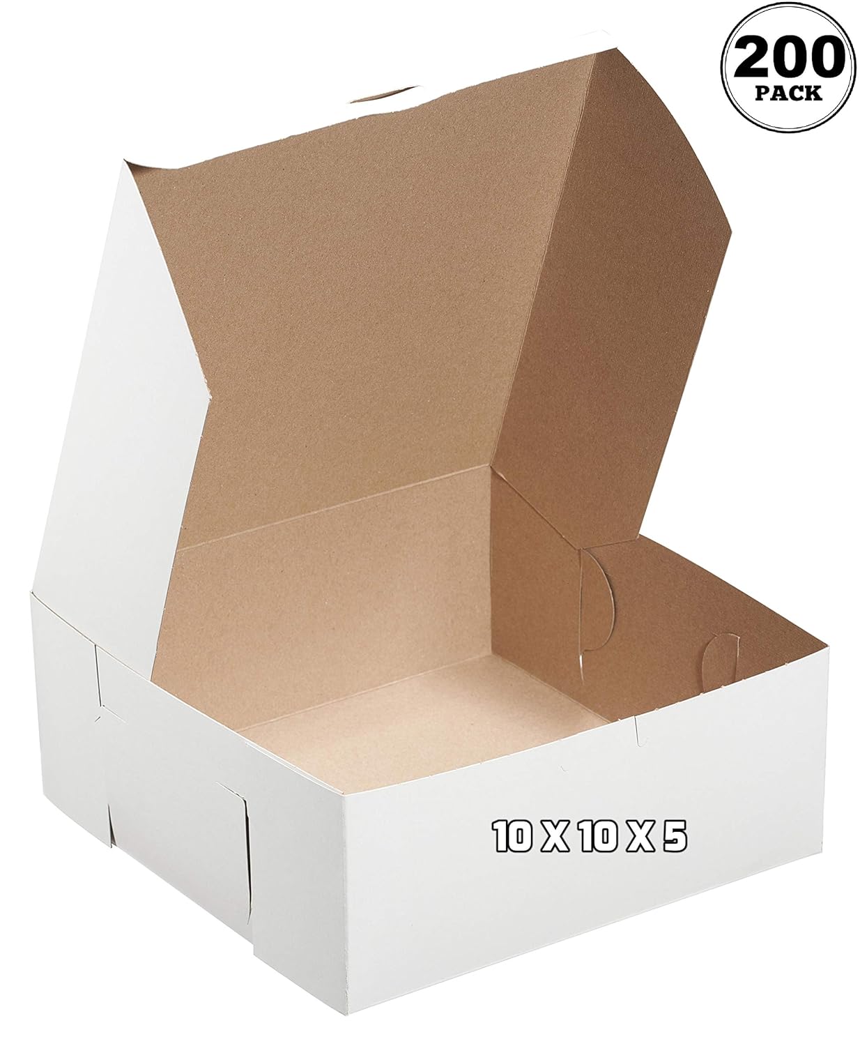 [200 Pack] White Bakery Pastry Boxes 10 x 10 x 5 Inches White Kraft Paperboard for