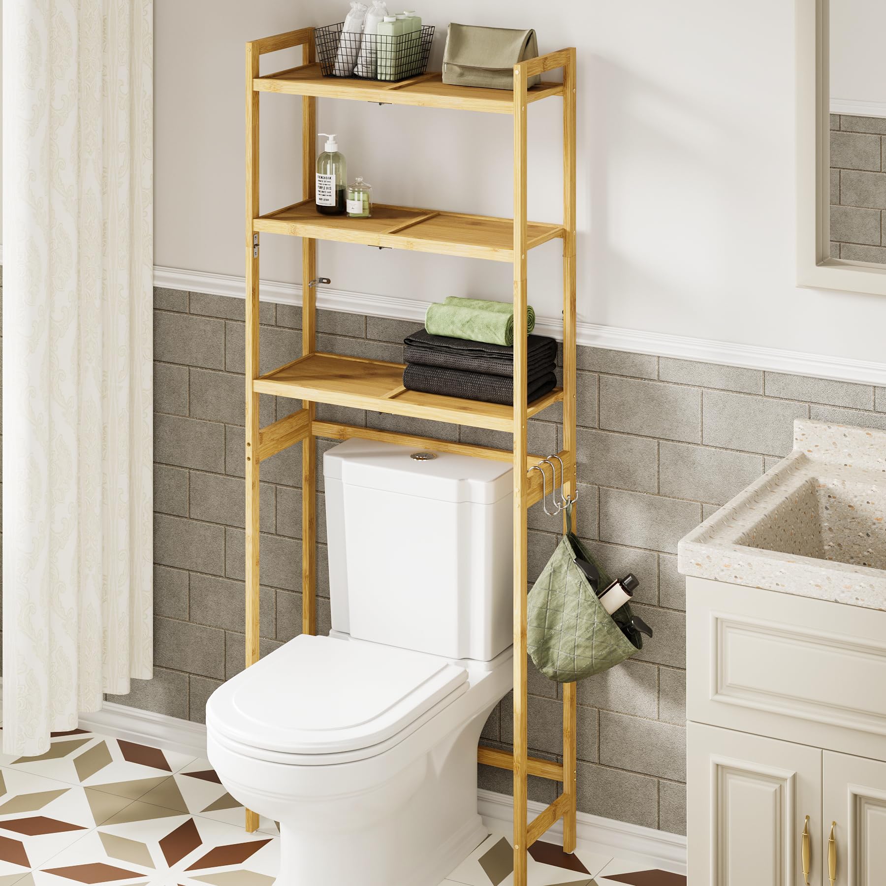 Photo 1 of AMBIRD Over The Toilet Storage, 3-Tier Bathroom Organizer Over Toilet with Sturdy Bamboo Solid Shelves, Non-Slip Pads and 3 Hooks, Multifunctional Behind Toilet Shelf Rack, Space Saver (Original)
