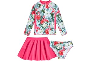 VIEILLE Girls Swimsuit 3-Piece Zipper Rash Guard UPF 50+ Long Sleeve Skirt Set Bathing Suit Size 6-12 Years