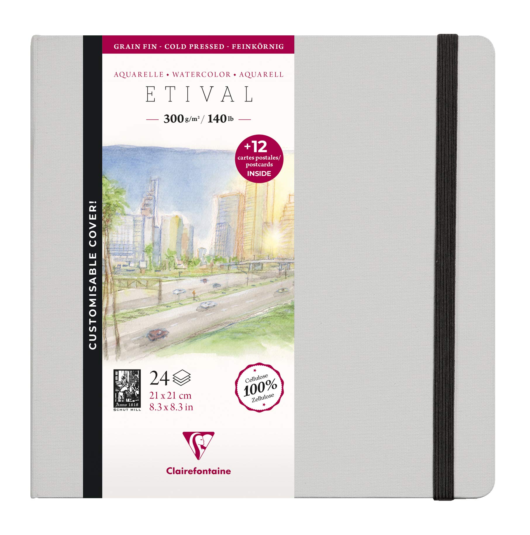 Clairefontaine - Ref 975447C - Etival Cold Pressed Sewn Watercolour Painting & Drawing Book (24 Sheets of Paper) - 21 x 21cm - 300gsm Cellulose Art Paper, Black