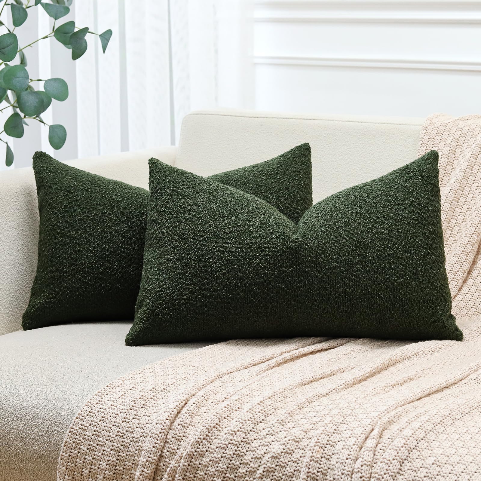 JOTOM Set of 2 Cushion Covers 30x50 cm Textured Boucle Green Decorative Throw Pillow Covers 12x20 Inch Lumbar Cushion Case Home Decor Pillowcases for Couch Sofa Living Room Bed (Green)