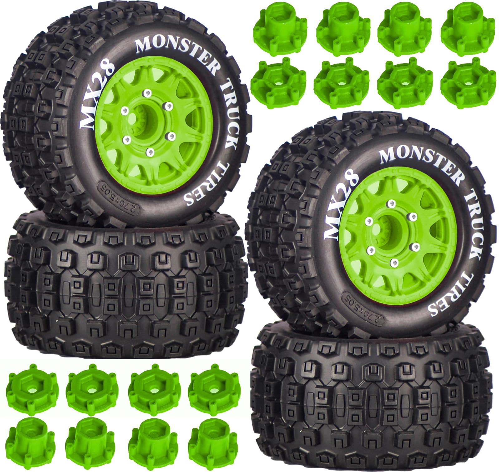 MX28 2.8" Tire and Wheels Pre-Glued All-Terrain MT Tires with 12mm/14mm Hexes - 1/10 Scale RC Car Truck Tires for ARRMA Big Rock, Granite, Senton, Vorteks, Traxxas Slash, Stampede Rustler, Hoss — image 1