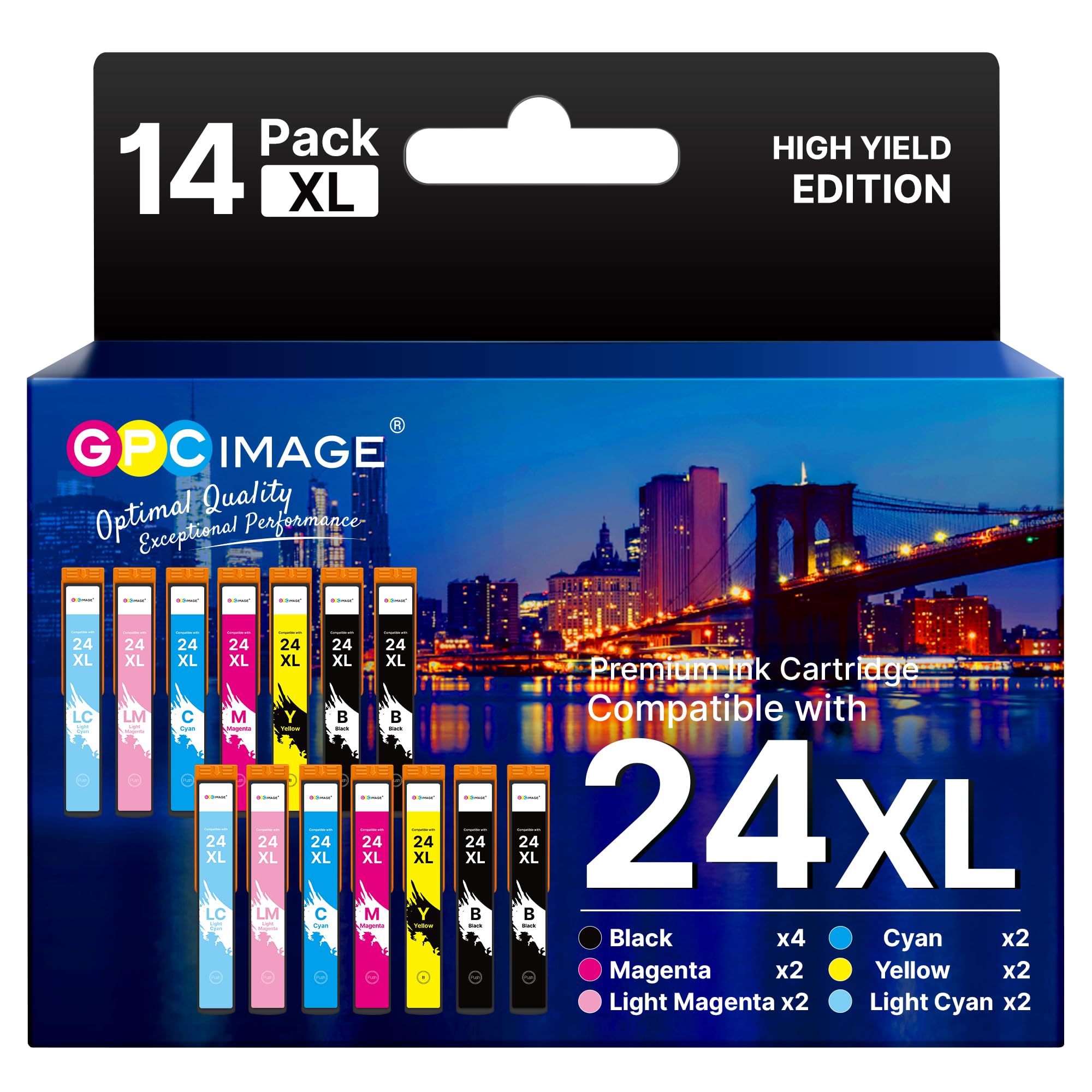 GPC Image 14-Pack 24XL Ink Cartridges Compatible for Epson 24XL Ink Cartridges for Epson Expression Photo XP-760 XP-970 XP-55 XP-950 XP-860 XP-960 XP-750 XP-850 Printer (4BK/2C/2M/2Y/2LC/2LM)