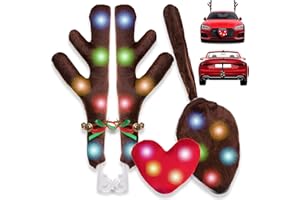 Vaygway Christmas Car Reindeer Antlers Kit with LED Lights, Red Heart Nose, Tail, and Jingle Bells- Car Decoration Kit for Window, Rooftop, Front Grille- Auto Accessories Set for Car, Truck, Van