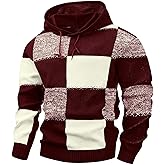 KAVIANA Men's Checkerboard Hooded Sweater Color-Block Hoodie Waffle-Knit Textured Pullover Casual Retro Streetwear