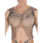 SEAUR Men's Rhinestone Crop Top Open-Front Mesh Crystal Sleeveless See Through Nightclub Tops
