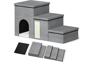 Forlogic Dog Stairs for Small Dogs Medium Dogs Pet Stairs for High Beds and Sofas, Folding 3-Step Pet Steps, Adjustable Non-Slip Dog Ramp with Storage Condo and Cat Scratcher