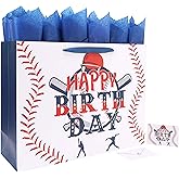 23 x 17 Inch Extra Large Baseball Birthday Gift Bag Set with Handles, Greeting Card, Blue Tissue Papers and Stickers, Oversized Big XXL Large Gift Bag for Boys Kids Teens, Sport Themed Birthday Design, 1 Pcs