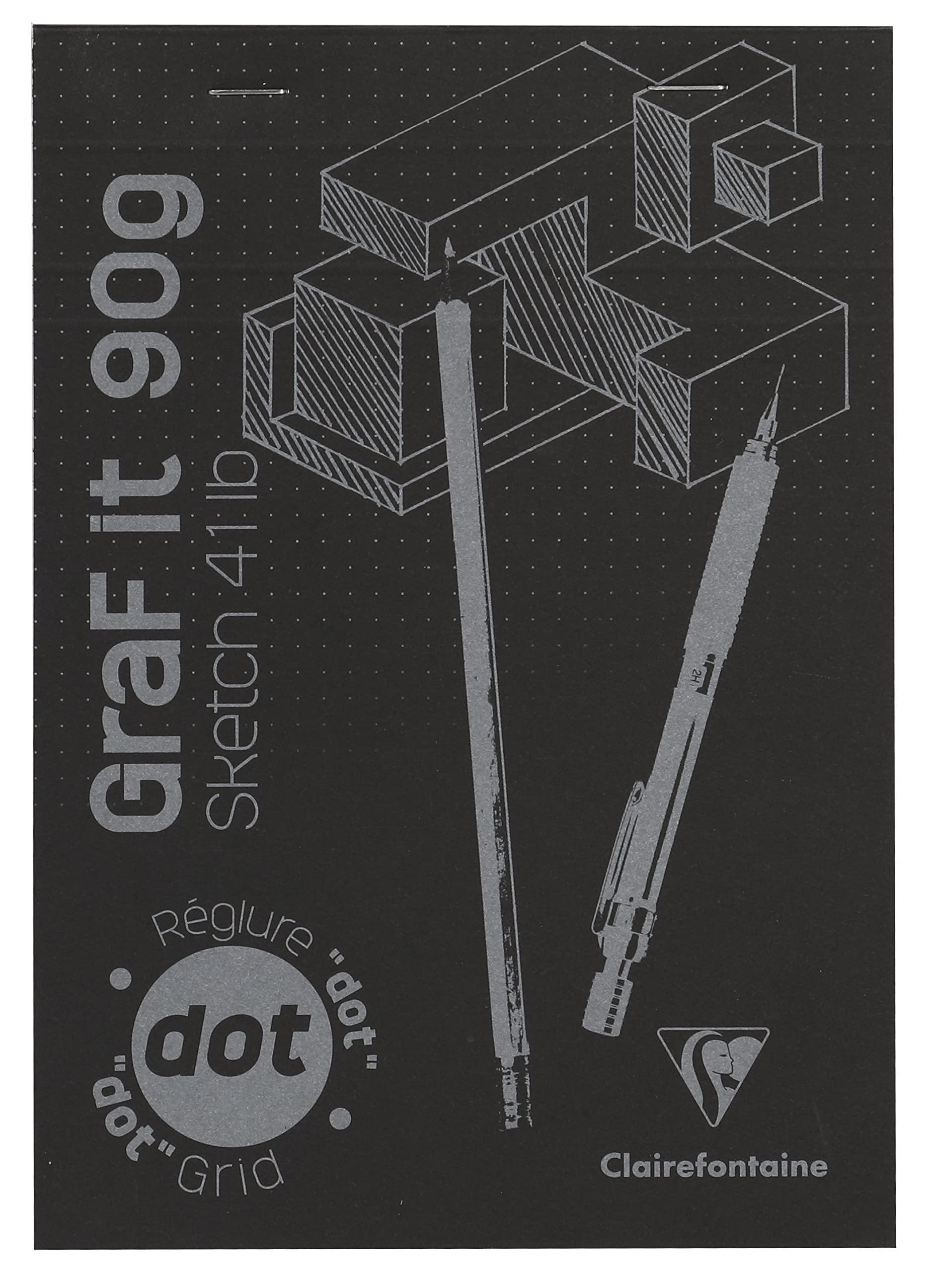 Clairefontaine 96843Cpack - GraF'it Stapled Pad - 80 Sheets of Sketching Drawing Paper - Dotted DOT Ruling - Detachable Sheets - A5 14.8x21 cm 90g - Black Cover - Pack of 5 Pads