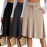 Neer 3 Pack Women's Knee Length Midi Skirts, Flowy Flared High Waisted A-Line Casual Drawstring Summer Skirts with Pockets
