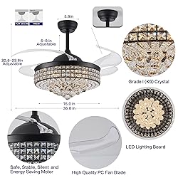 TRSIOPFC 36 Inch Dimmable Crystal Fandelier Ceiling