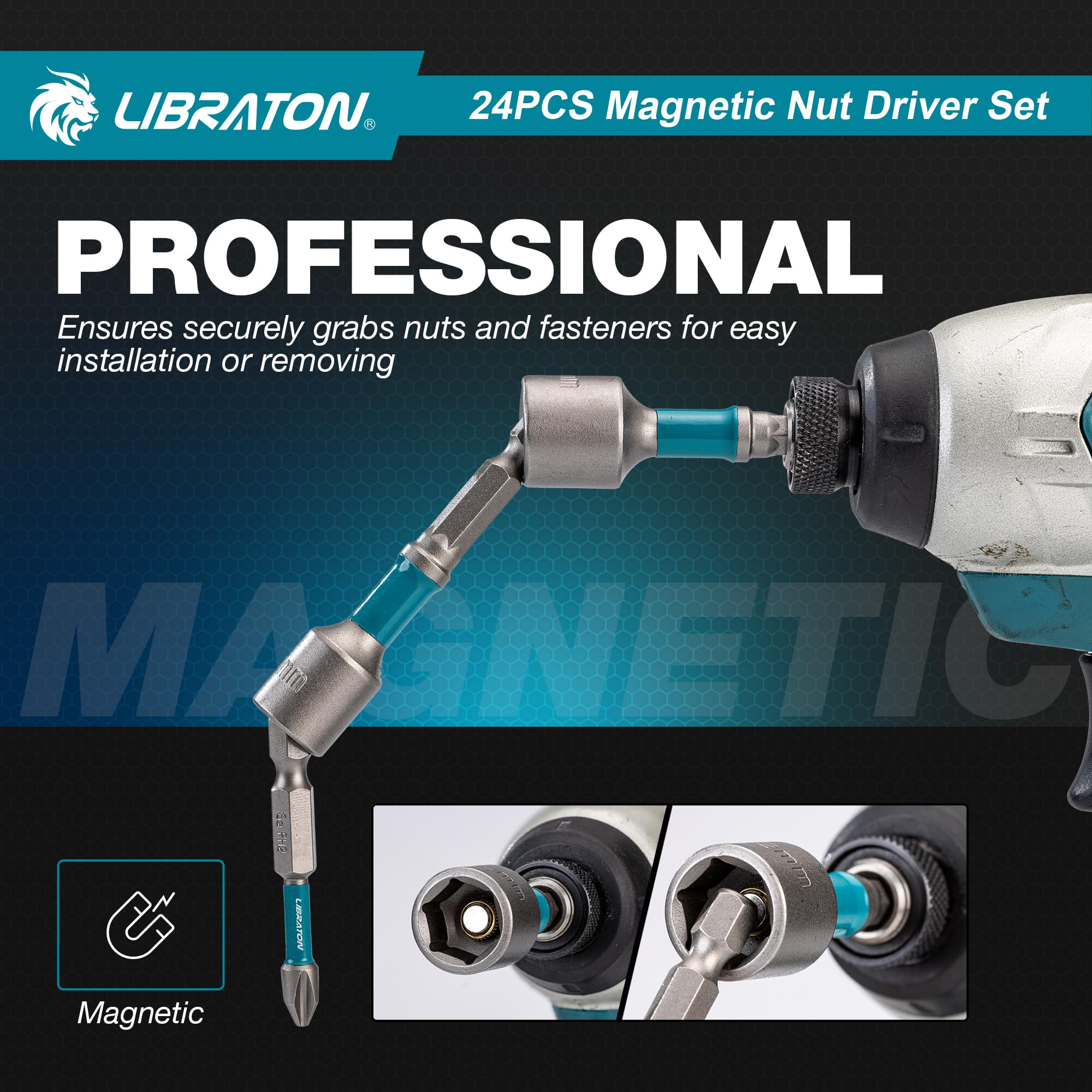 LIBRATON 24 Magnetisches Steckschlüssel-Set, Schlagbohrschrauber-Bit-Set 1/4 Zoll, Metrische und SAE Magnet Stecknuss für Schlagbohrmaschinen, Stecknuss Adapter, Bithalter, Bohrer, mit Werkzeugkasten 8
