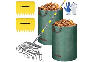 FUNFANSO Garden Rake for Leaves, 37"-73" Adjustable Handle Rake Set with Leaf Grabbers, Work Gloves and 2 Leaf Bags, 18" Wide Head with 25 Metal Tines for Yard Picking Leaves, Shrub Grass Bush Lawn Cleanup