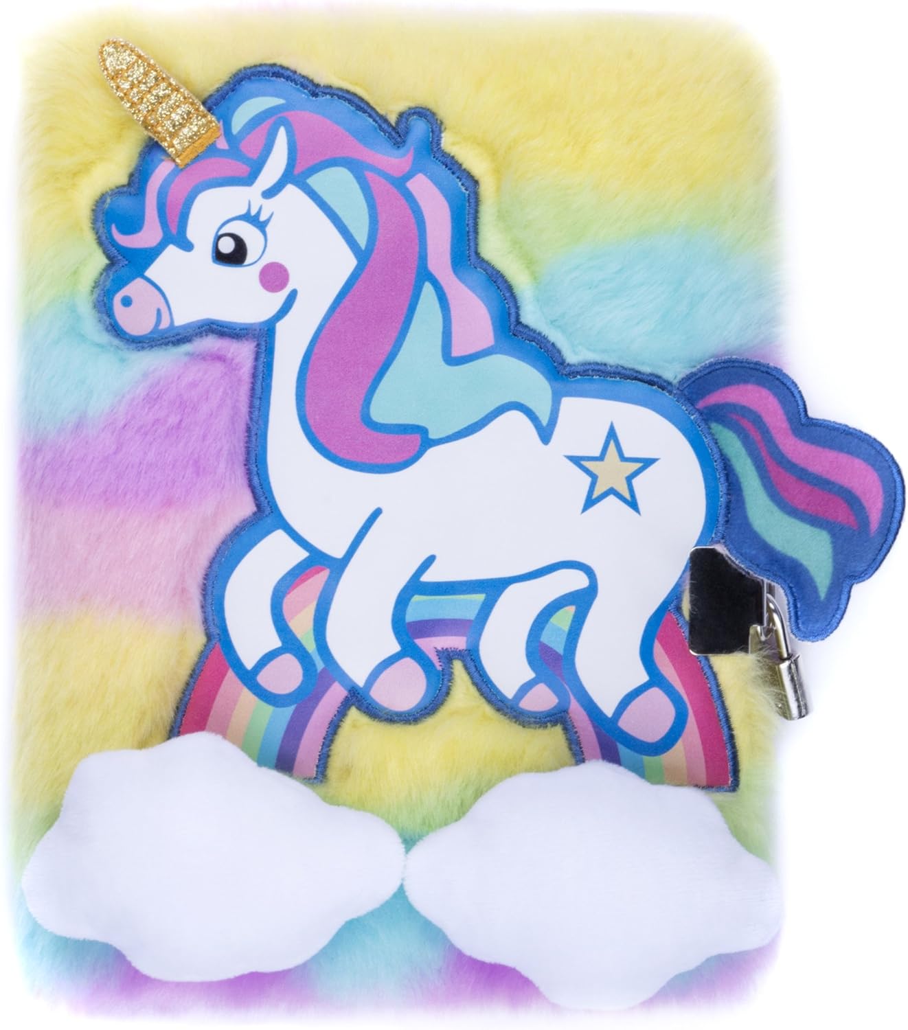 FRINGOO® Girls Boys Plush A5 Notebook Diary 3D with Padlock and Bookmark Cute Unicorn Animal Designs 80 Pages (Unicorn Rainbow)