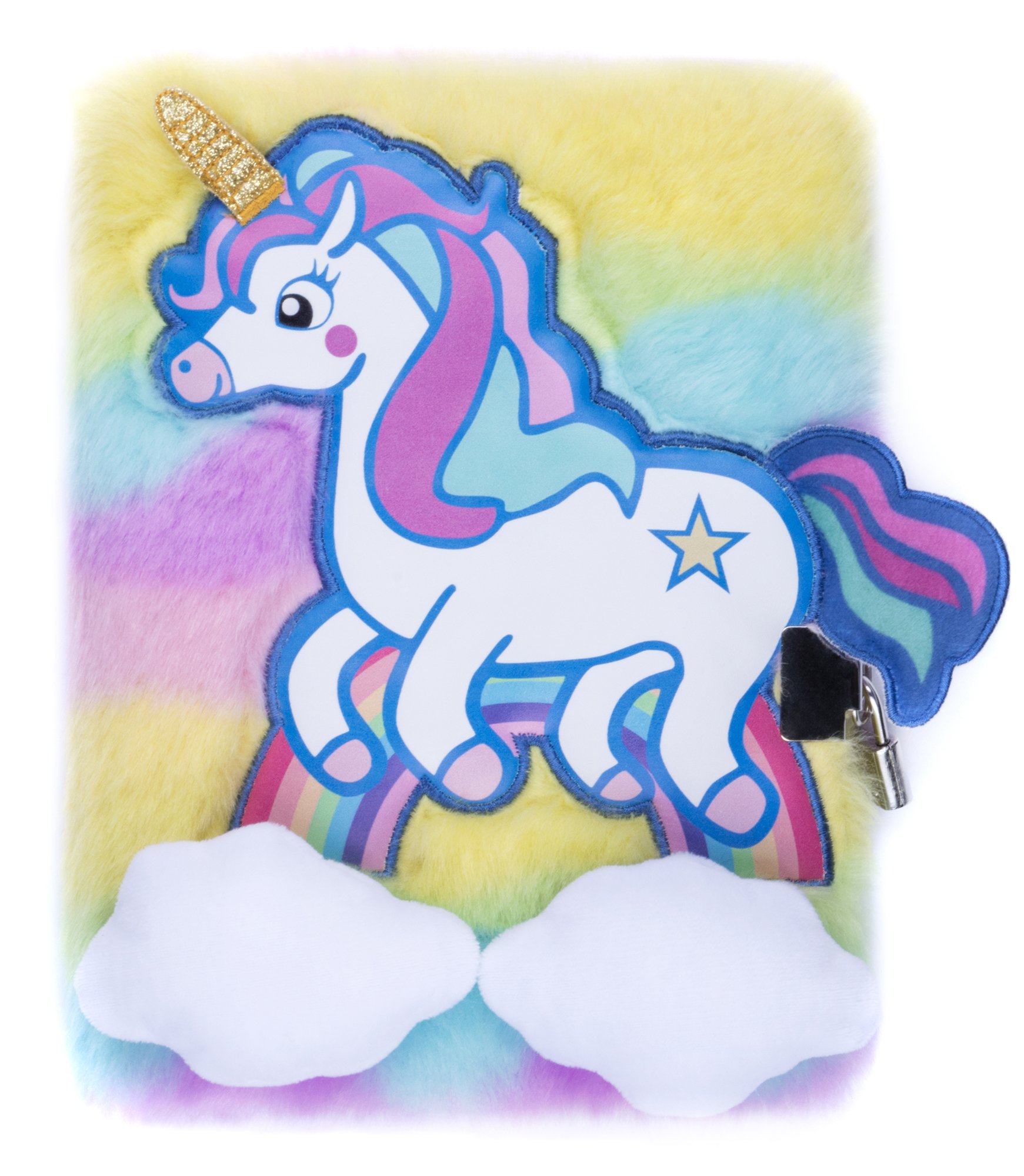 FRINGOO® Girls Boys Plush A5 Notebook Diary 3D with Padlock and Bookmark Cute Unicorn Animal Designs 80 Pages (Unicorn Rainbow)