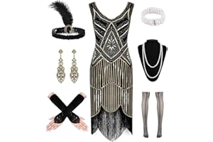 WILDPARTY 1920S Women Flapper Dress V Neck Sequin Bead Fringed Gatsby Dress Cocktail Dress With Roaring 20s Accessories