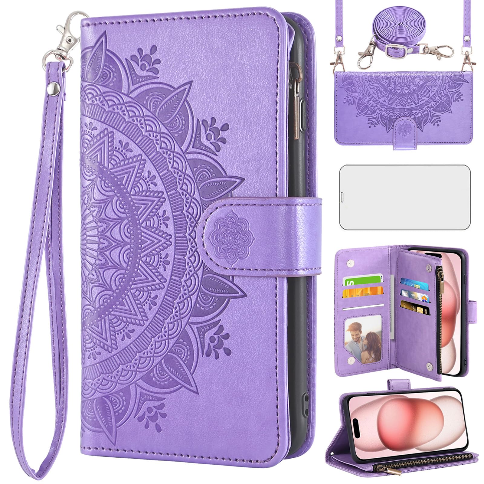Asuwish Phone Case for iPhone 15 Plus 6.7 inch Wallet Flip Cover with Tempered Glass Screen Protector and Mandala Flower Card Holder Cell i-Phone 15+ iPhone15Plus 5G i i15 + iPhone15 15Plus Purple