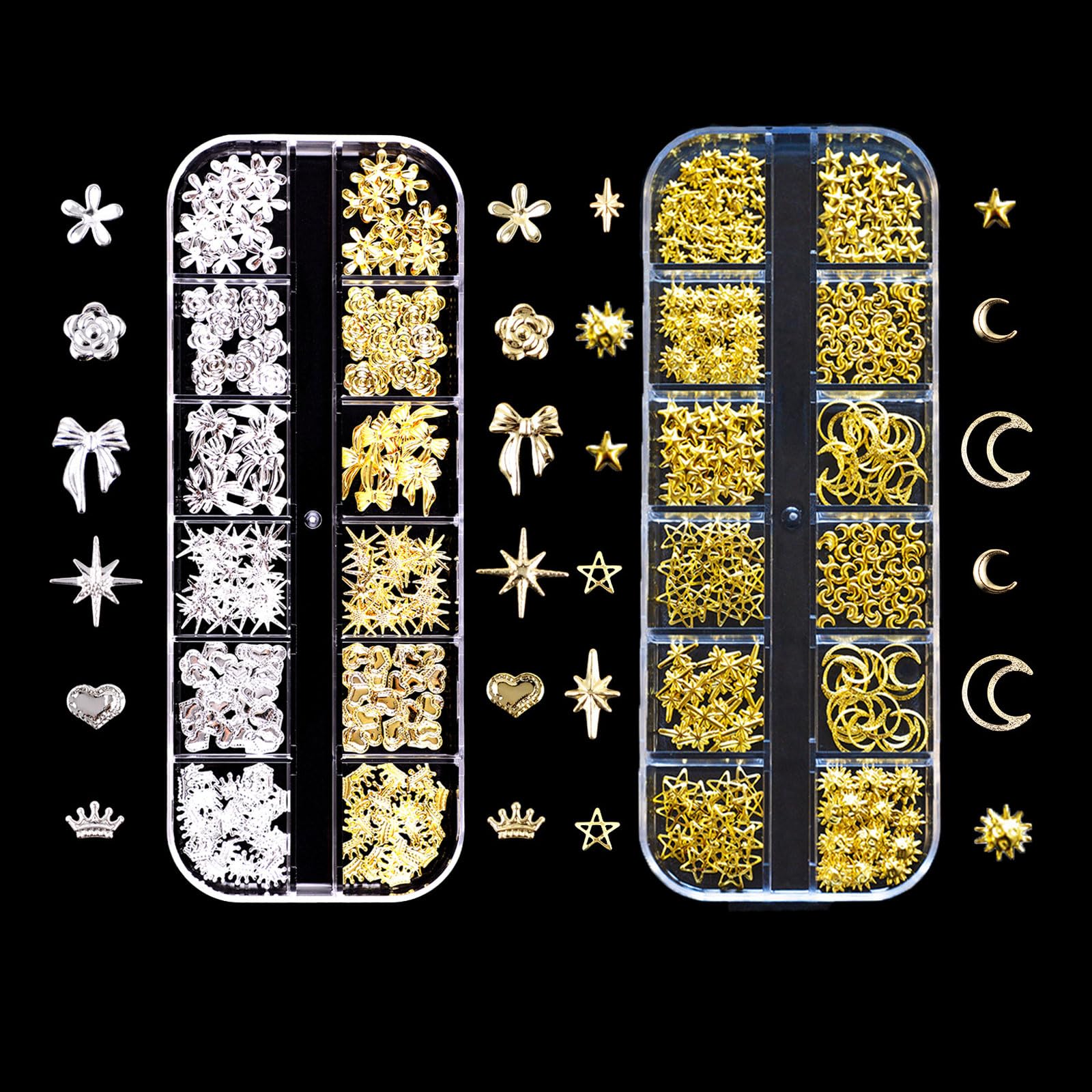 Gold Silver 3D Nail Charms, 2 Boxes 24 Grids Bow Flower Star Gems Studs, Punk Metal Alloy Rivet Stickers Bowknot Nail Art Decorations Accessories for DIY Crafts (Gold Silver)
