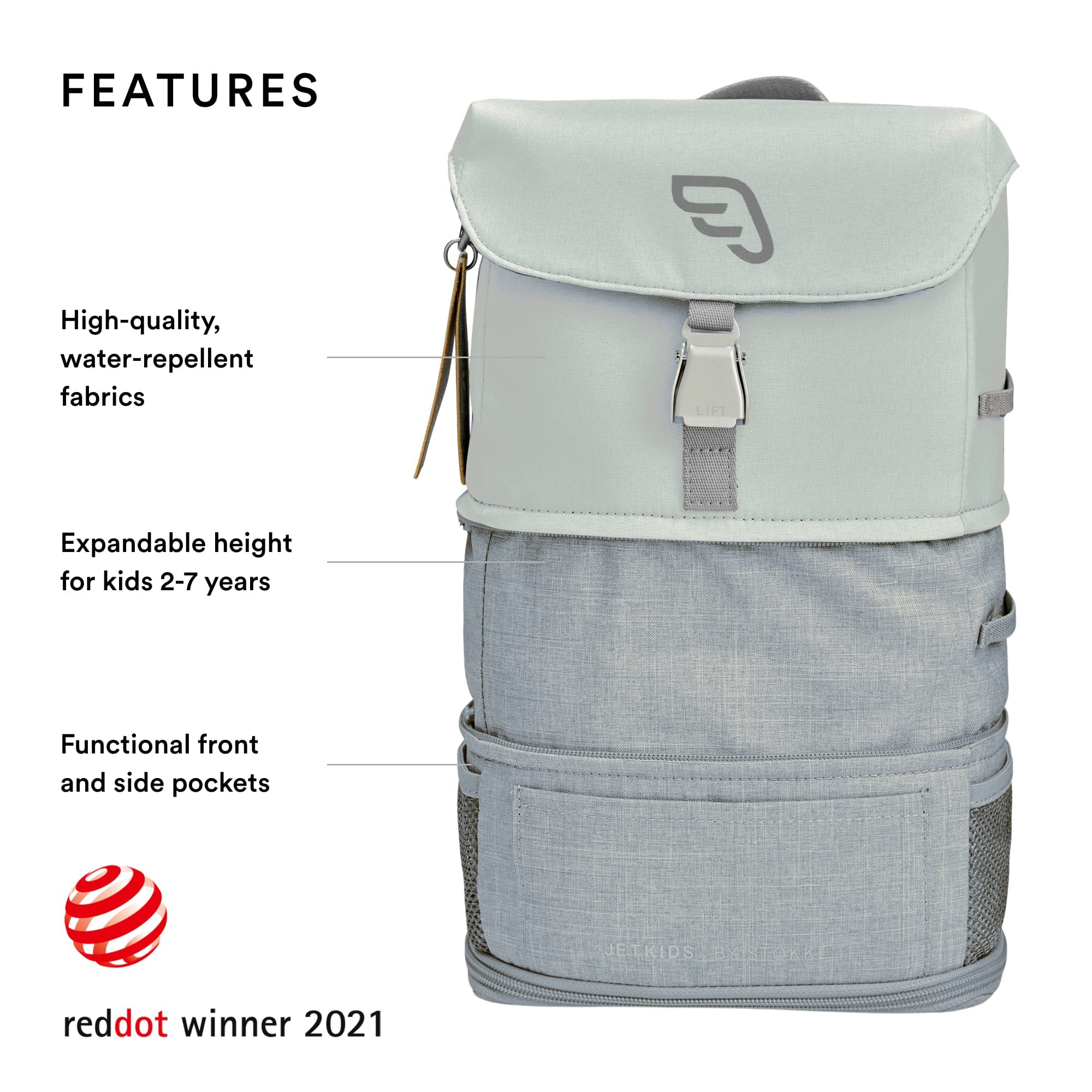 Stokke JetKids BackPack, Green Aurora - Expandable Design for Kids 2-7 Years Old - Easy-to-Clean, Water Repellent Fabric - Includes Pull-Out Seat Pad, Name Tag & Detachable Captain Stripes