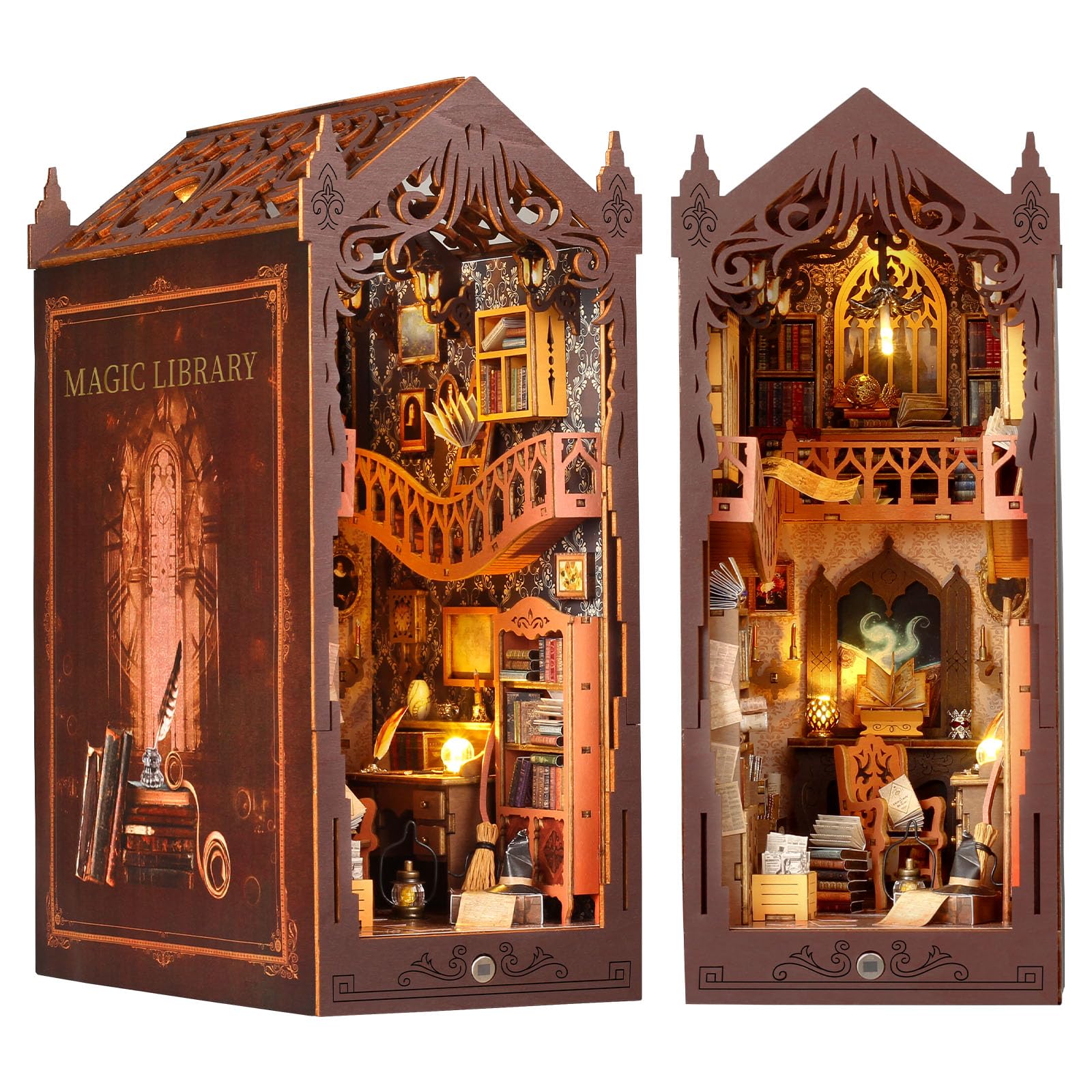 Polegas DIY Book Nook Kits, DIY Miniature House Kit with LED Light, 3D Wooden Puzzle Booknook Bookshelf Decor, Model Kits for Adults Teens to Build(Magic Library)