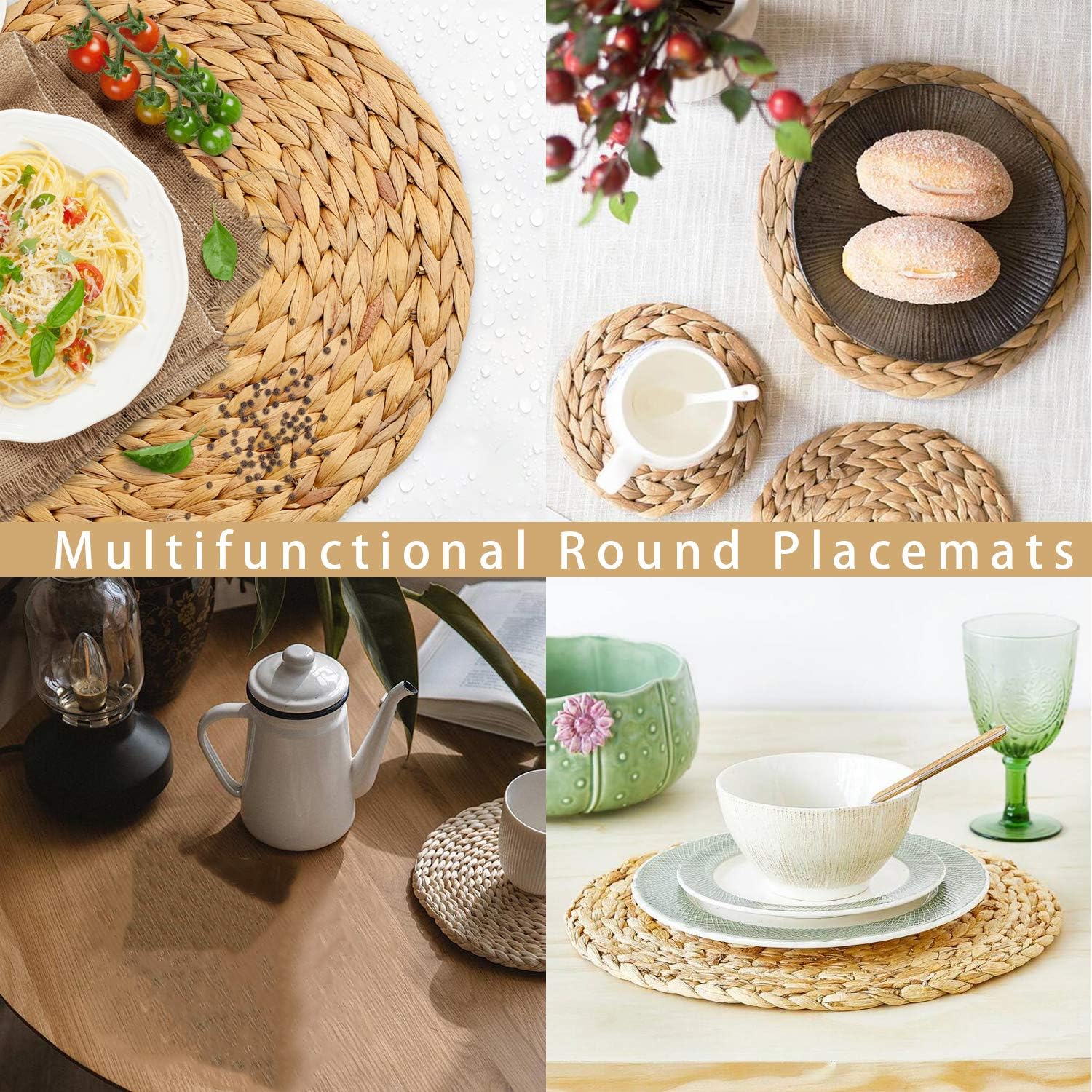 primebabe 6 Pack Woven Placemats, Round Water Hyacinth Weave Placemat Braided Rattan Tablemats 11.8”: Home & Kitchen