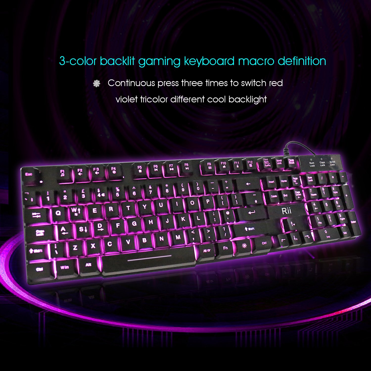 RK100 3 Color LED Backlit Mechanical Feeling Gaming Keyboard Black UK Layout (Red/Purple/Blue)