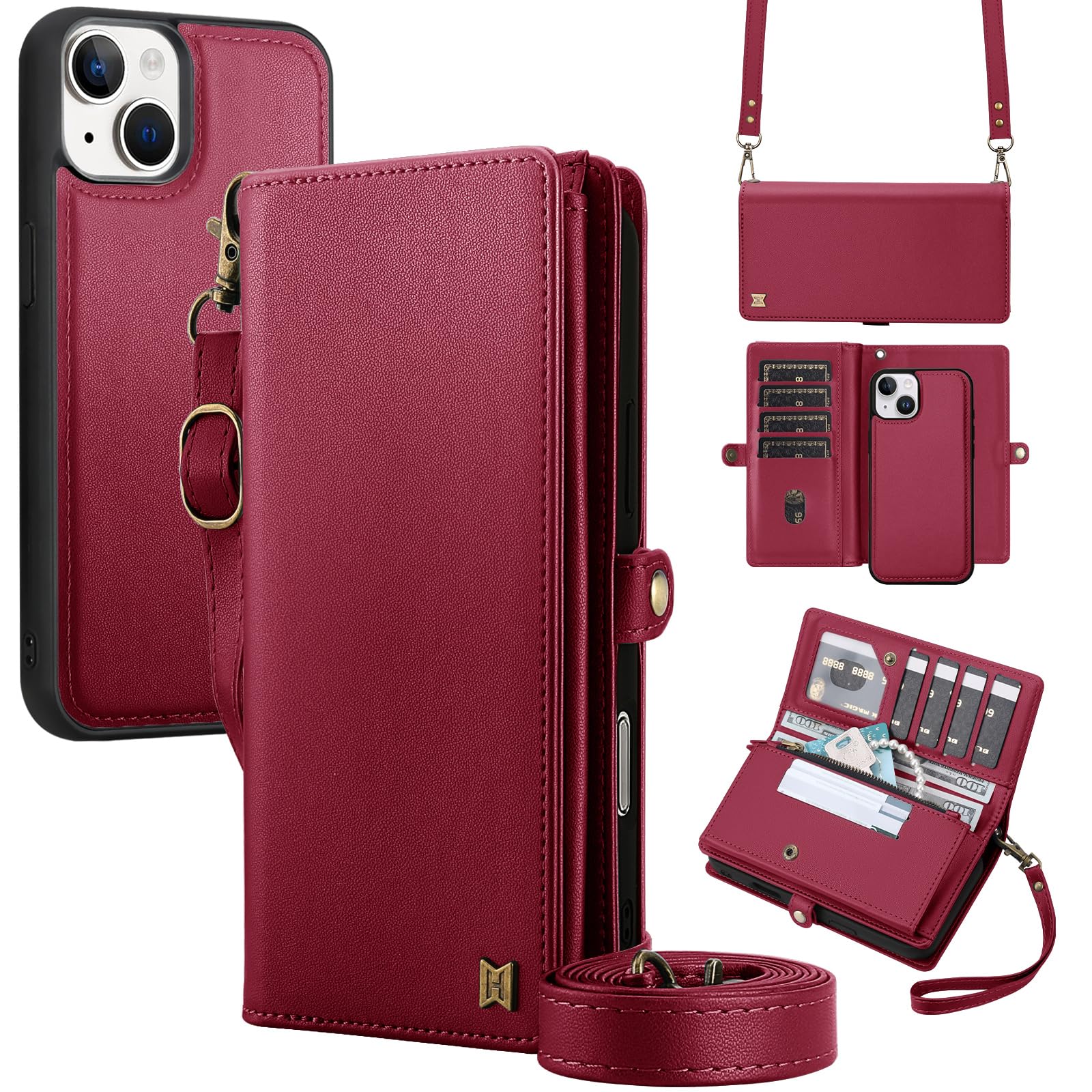 MEGSHI for Wallet Case Compatible with iPhone 14,Multi-Function Detachable 2 in 1 Magnetic iPhone 14 Case Wallet,Flip Strap Zipper Card Holder Phone Case with Shoulder Straps (Red)