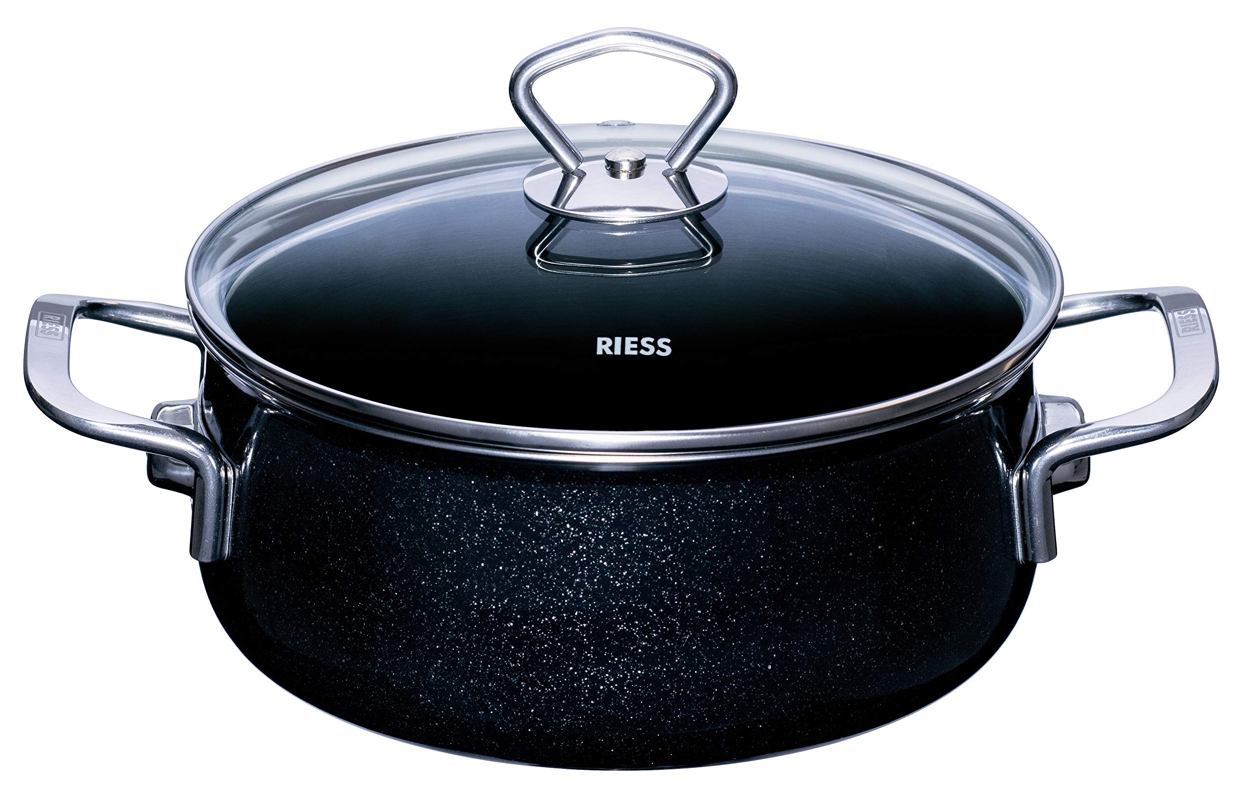 RIESS 0709-009 Casserole with Glass lid, Nouvelle- Black Magic Extra Strong, Diameter 20 cm, Height 14.8 cm, Capacity 2 litres, Enamel, Black, Induction