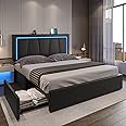 DICTAC Queen LED Bed Frame with 4 Drawers and USB Ports Modern Upholstered Platform Bed Frame with Storage Queen Size Black Faux Leather Storage Bed with RGB LED Headboard,No Box Spring Needed,Black